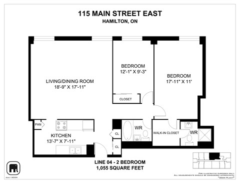 Floor plan for 2 beds, 1 bath, 1055 sqft